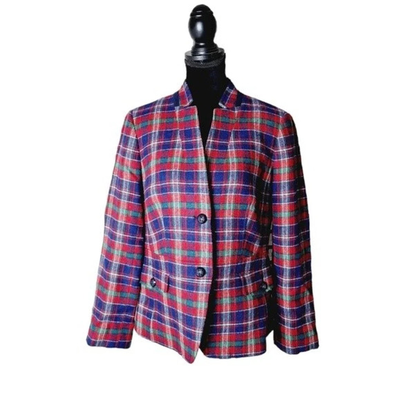 Talbots Womens Sz 12 Red Blue Green Wool Blend Tartan Plaid Crest Buttons Blazer - Picture 1 of 11